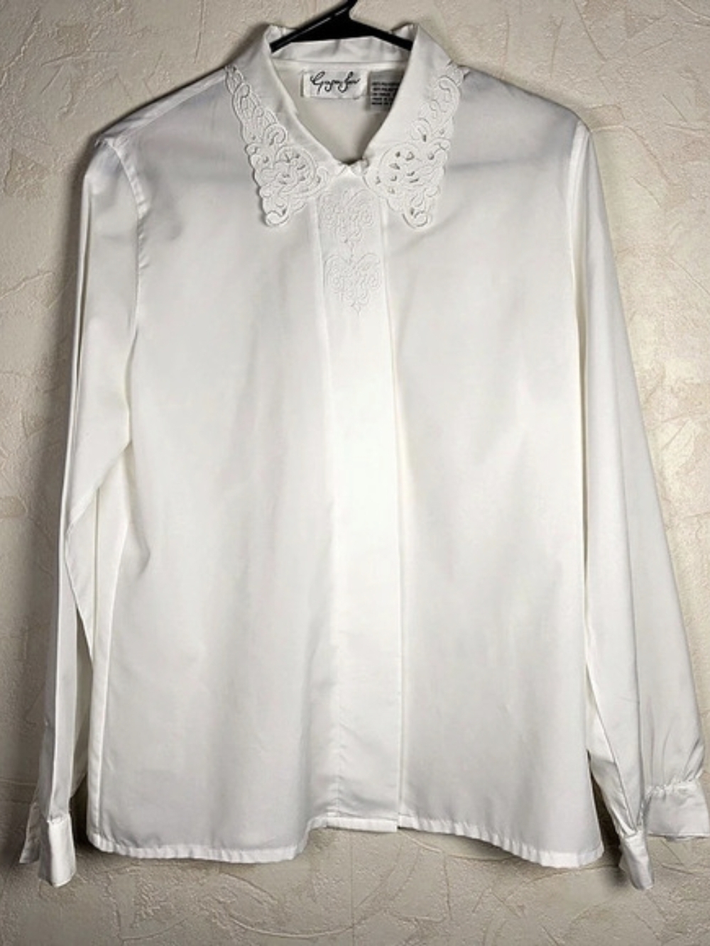 Vtg White Long Sleeve Blouse Lace Embroidered Collar Coquette Cottagecore 10